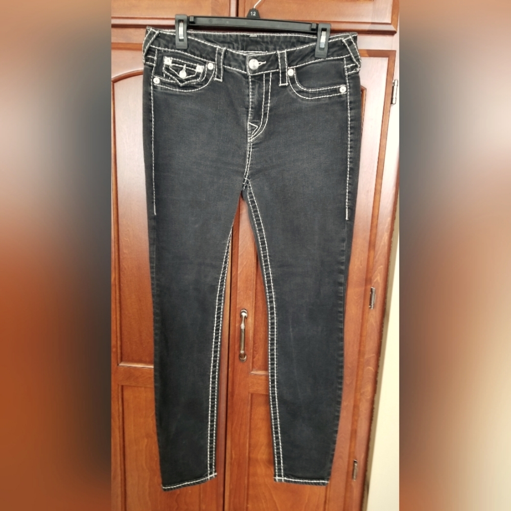 TRUE RELIGION black wash women's super skinny big T flap jeans Size 10 waist(31)